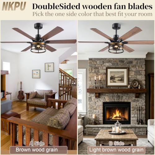 Image of NKPU 52 Inch Farmhouse Ceiling Fan with Light and Remote, Brown Industrial Caged Rustic Ceiling Fan with 6 Speed