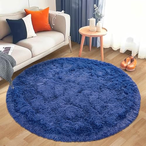 Round Fluffy Circle Rug - 6FT Navy Blue Super Soft Shaggy Plush Furry Carpet for Kids & Teens Room