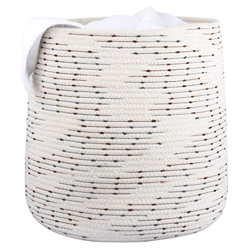 La Jolíe Muse Cesta Ropa Sucia de algodón, Cesta almacenaje de Cuerda de algodón, Cesta Ropa Sucia Bebe, Cesta Toallas baño, Grande, 35.5cm(D) x 38cm(H), Blanco con Lunares