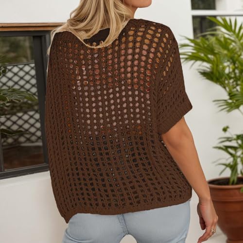 Womens Summer Scoop Neck Short Sleeve Sweater Casual Crochet Hollow Out Knit Tops Pullover Shirts Beach Coverup 2025 Shirts3