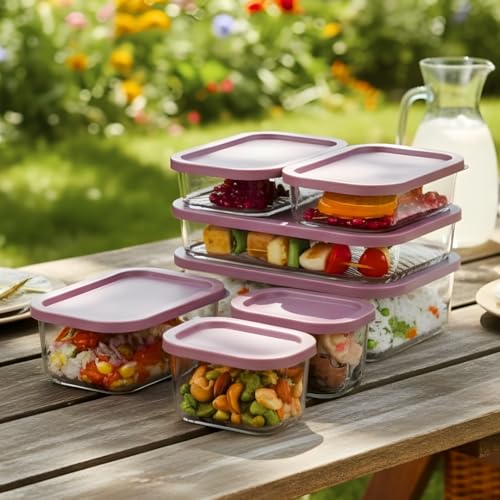 Image of Femora Borosilicate Glass Food Storage Containers with Lids Set of 7 (310ml x2, 520ml x2, 750ml, 1200ml, 1700ml) | Rectangular, Airtight & Leakproof | Microwave & Dishwasher Safe | Maroon