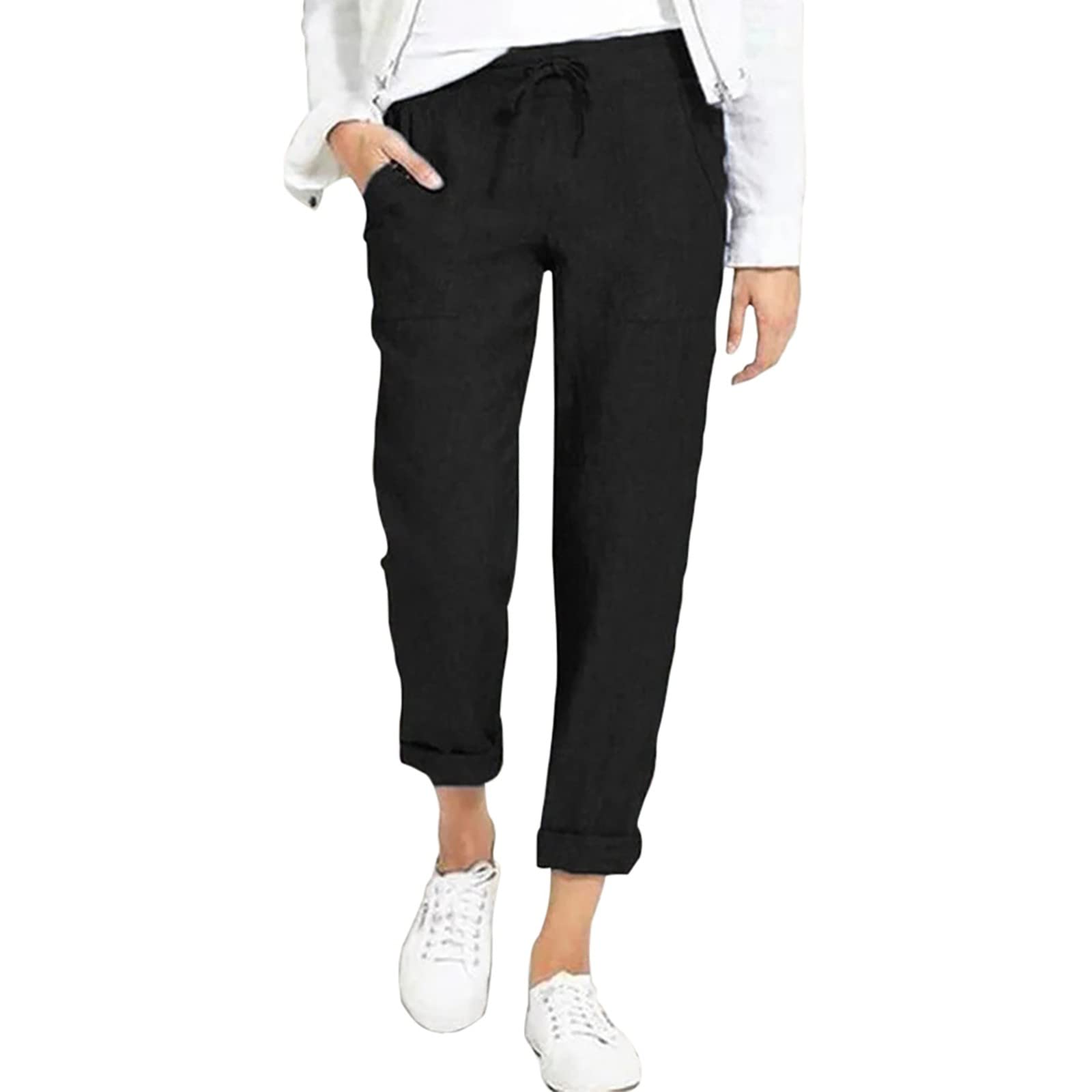Womens Linen Pants High Waisted Drawstring Lightweight Summer Pants Baggy Straight Leg Solid Trousers with Pockets Black XXL