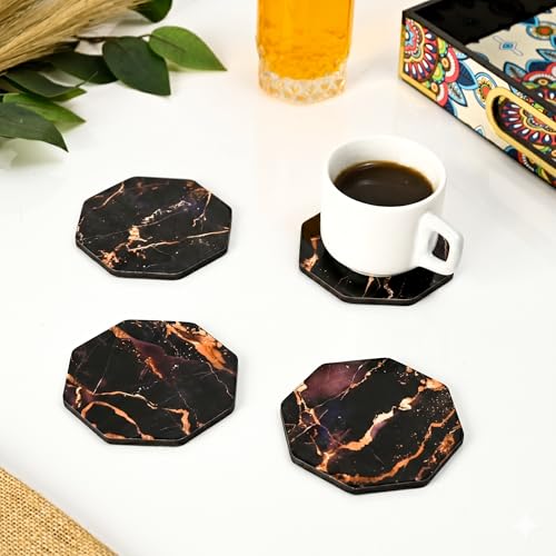 Image of GKD Wooden Coasters Set of 4 | Marble Design Glossy MDF Drink Coasters 3.5 Inch | Heat Resistant Tea Coffee Cup Holder | Table Protection for Home, Office & Dining | Made in India