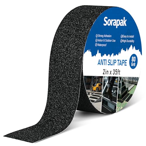 Image of Anti Slip Tape 2in x 35ft, Black 80 Grit Waterproof Non Skid Grip Tape Roll for Stairs, Steps, Ramps, Walkways, Indoor & Outdoor