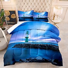 Lighthouse Bedroom Comforter Set Queen Size Blue Ocean Landscape Bedding Set, 1 Comforter + 2 Pillow Shams