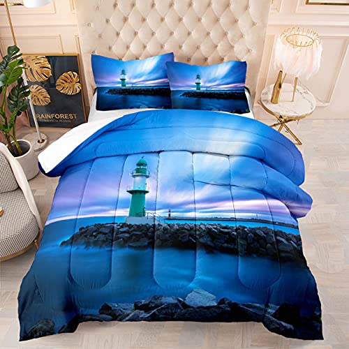 Lianai-Lighthouse-Bedroom-Comforter-Set-Queen-Size-Blue-Ocean-Landscape-Bedding-Set-1-Comforter-2-Pillow-Shams