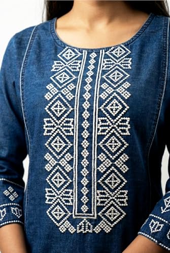 Image of Women's Blue Denim Embroidered Straight Kurti with 3 /4 Sleeves | Geometric Design Round Neck Kurta for Casual, Office