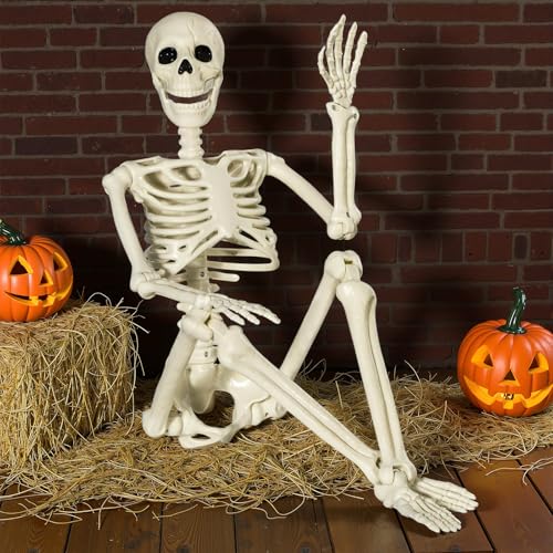 Bstalpine 90 cm, esqueleto humano tamanho real, esqueletos com articulações móveis, esqueleto Halloween para ar livre de interior jardim casa pátio decoração