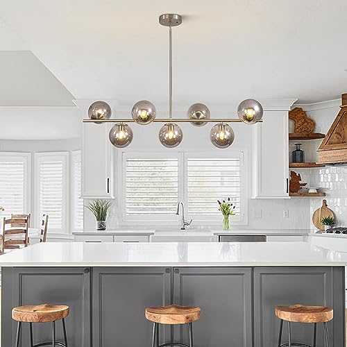 Image of KCO Lighting MCM Brushed Nickel Linear Sputnik Chandeliers for Dining Room | 31.5 inch Rod for Sloped Ceiling, 7W 3000K E26 Bulb Included, Smoke Gray Glass Globe Pendant Light for Kitchen Island Living Room
