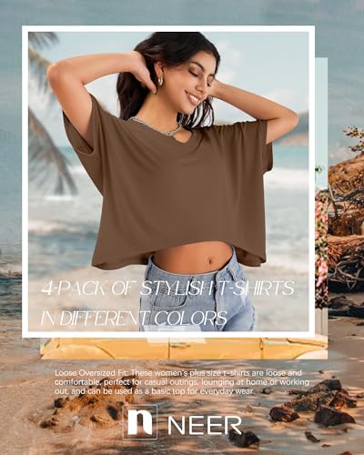 Neer 4 Pack Women's Oversized Crop T Shirts Summer V Neck Short Sleeve Tops Irregular Hem Baggy Top4