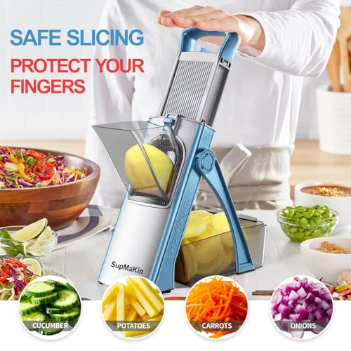 Image of Supmakin Safe Mandoline Vegetable Slicer Adjustable Vegetable Chopper Mandolin Multifunction Potato Slicer with 4 Modes Dicer, Julienne Kitchen Chopping Artifact (SkyBlue)