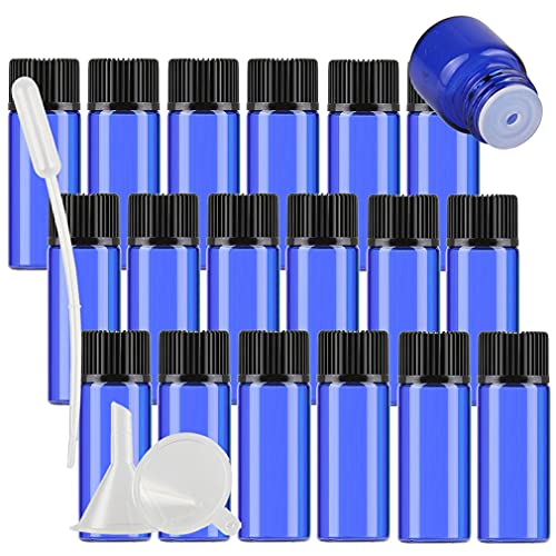 DLIBUY 50 Pack Mini 5ml Empty Blue Glass Vials Essential Oil Bottles with Orifice Reducer Black Cap for Essential Oils Lab Chemicals Cosmetic Colognes Perfume Aromatherapy Sample Bottles