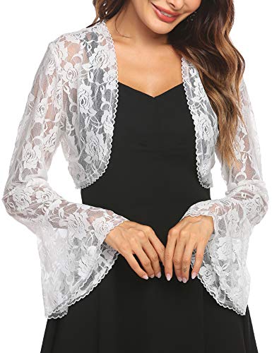 HOTLOOX Women Open Front Long Bell Sleeve Lace Shrug Bolero for Wedding Party White L