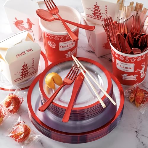 By Madee HEAVYWEIGHT 150 PC Christmas Plastic Plates and Cutlery | Clear and Red Christmas Dinnerware Set | Fancy Disposable Plates for Weddings, Birthdays & Holiday (25 Guests) – Image 6