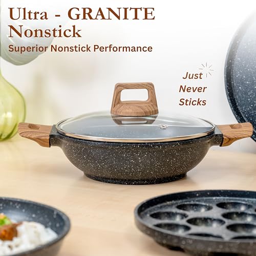 Image of Kreme CeraStone Ultra Granite Nonstick Cookware Set 10 pcs, Wooden Spoons, Kadai 2.5L, Casserole Pot 4.4L, Frying Pan 1.7L, Flat Tawa, Appam Pan 12, PFOA Free, Induction Compatible, Black