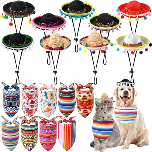 Wavwavw 18 Pcs Mexican Dog Costume Cinco De Mayo Sombrero Straw Hat with Felt POM Ball and Colorful Stripe Dog Bandana Adjustable Fiesta Head Bopper Accessories for Cat Pet Party Decoration(Modern)