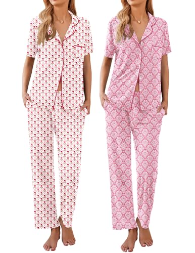 Image of Ekouaer 2 Pack:Womens Pajamas Short Sleeve Pjs Notch Collar Button Up Loungewear Cozy Sleepwear Sets