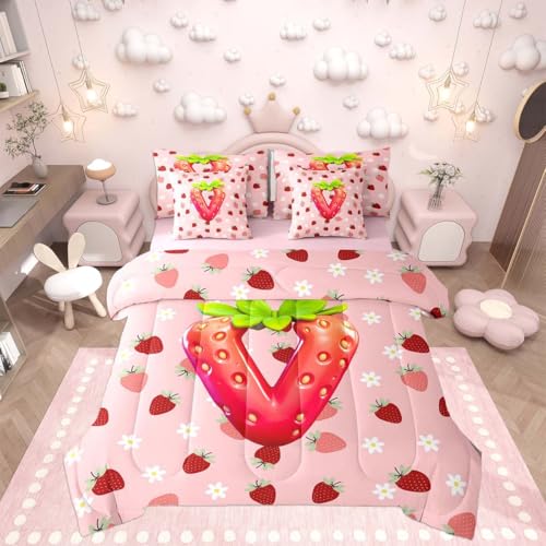 Image of Feelyou Girls Strawberry Full Comforter Set with Sheets for Kids Boys Girls Pink Strawberry 7 Pieces Bedding Set Initial Letter V Bed in a Bag Room Decor Soft Lightweight Microfiber