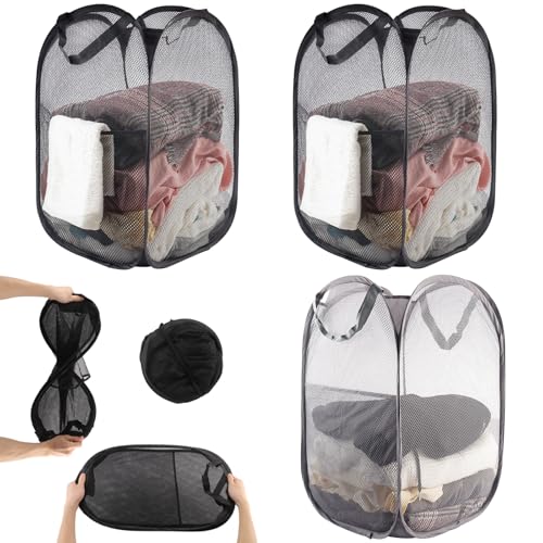 Foydream Cesto Portabiancheria Pieghevole, 3 Pezzi Cesto Portabiancheria Portatile Pop-Up 36 * 36 * 58 cm, Cesti Lavanderia a Rete con per BañO Camping Dormitorio e Viaggio Lencería, Negra