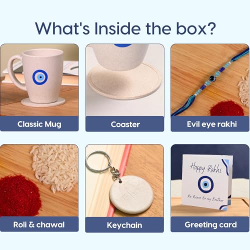 Image of Eha Earth Friendly Rakhi Gift for Brother Made with Rice Husk | Set of 1 | Rakhi Set for Brother | Printed Mug & Evil Eye Rakhi Hamper | Gift for Rakshabandhan