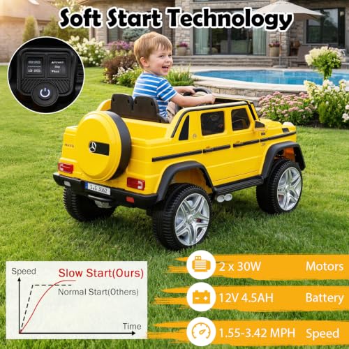 Image of Costzon Ride on Car, Licensed Mercedes-Benz Maybach, 12V Battery Powered Vehicle Toy w / 2 Motors, Remote Control, 3 Speeds, Lights, Horn, Music, Aux, Storage, Truck, Electric Car for Kids (Yellow)