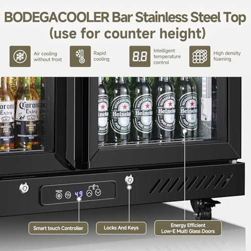 Image of BODEGACOOLER Back Bar Cooler with 2 Glass Doors,7.7 Cu.ft Commercial Bar Beverage Refrigerator Under Counter LED Lighting for Soda Drinks,Beer,Wine with Stainless Steel Top,DOE Approved,4 Casters