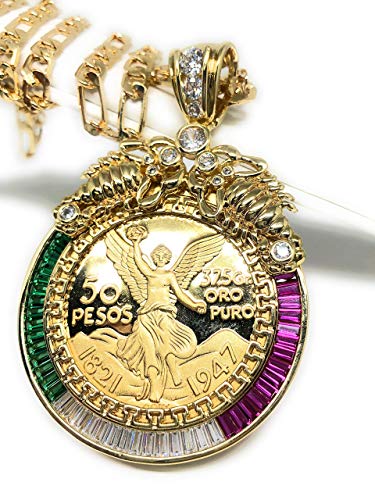 Fran & Co. Gold Plated Coin Centenario Mexicano Moneda 50 Pesos Pendant Chain CZ Oro Cadena 26”3