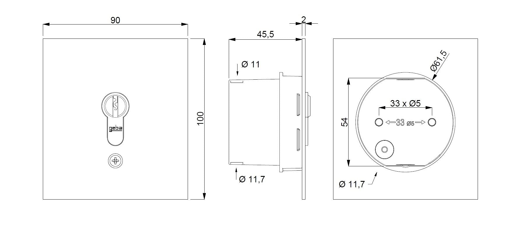 Schlüsseltaster Unterputz geba 2-seitig tastend US 1-2T/1 121.1301.1A, inkl. DIN Profilhalbzylinder & 3 Schlüssel einbruchhemmend (europäisch patentiertes System), grau/Aluminium-eloxiert
