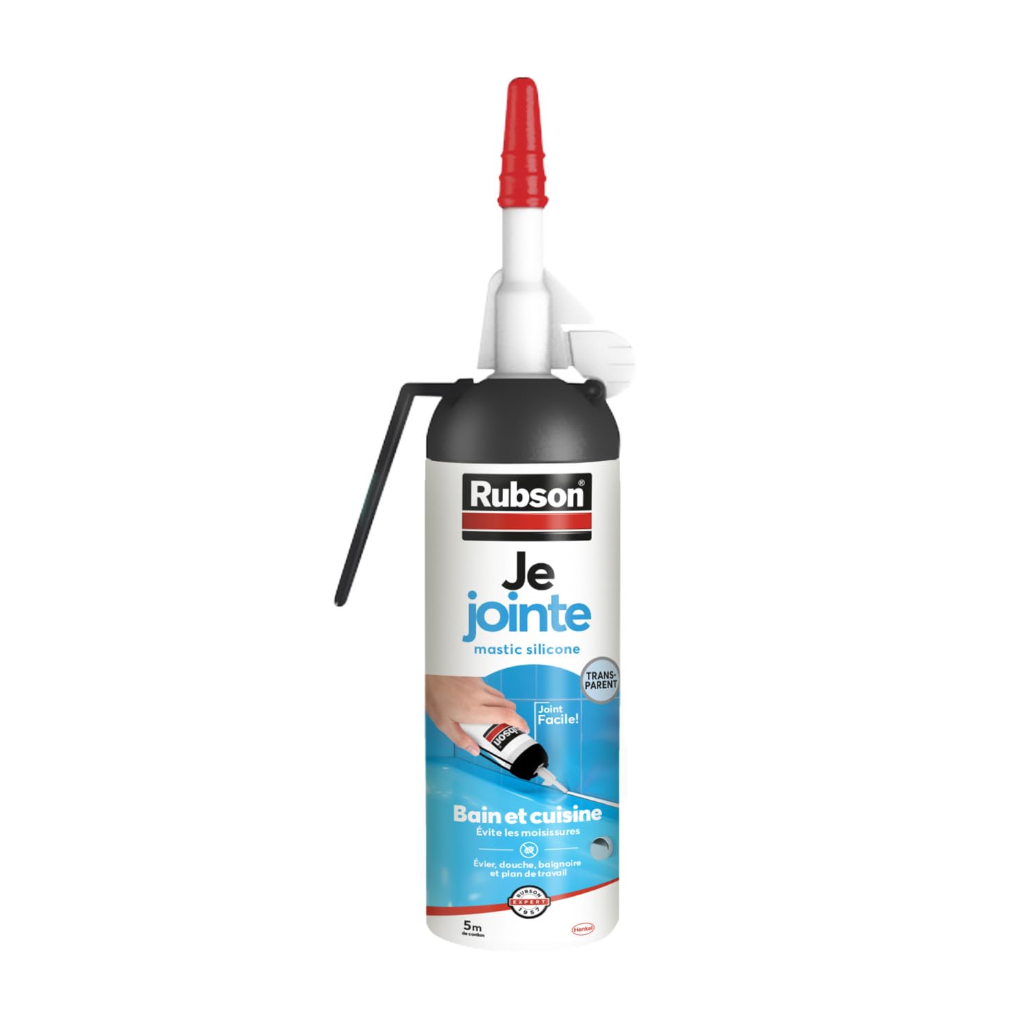 Rubson – Mastic Je Jointe transparent (MSP de 100 ml) – Mastic étanche anti-​moisissures prêt à l'emploi – Silicone durable pour joints sanitaires spécial bain et cuisine