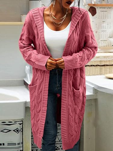 Image of Women Hooded Open Front Cardigan Cable Knit Chunky Long Sweater Coats | solid color, cable knit ,long duster cardigan,chunky coatigan,winter ,falll ,side pockets