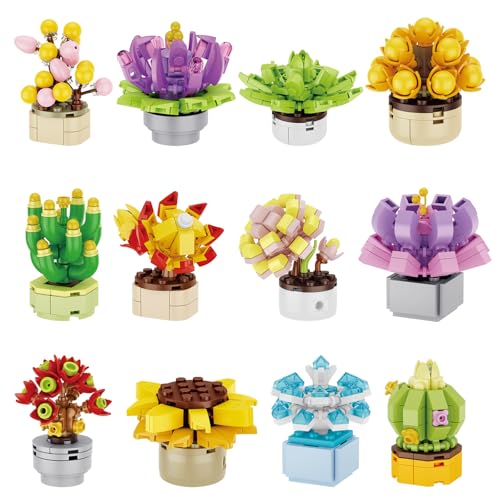 Pilikoll 12 Piezas Mini Bloques de Construcción Flor Bonsai Ramo de Flores Sets de Construcción Bloques de Construcción de Mini Flores Plantas Suculentas para Hogar Oficina Decoración