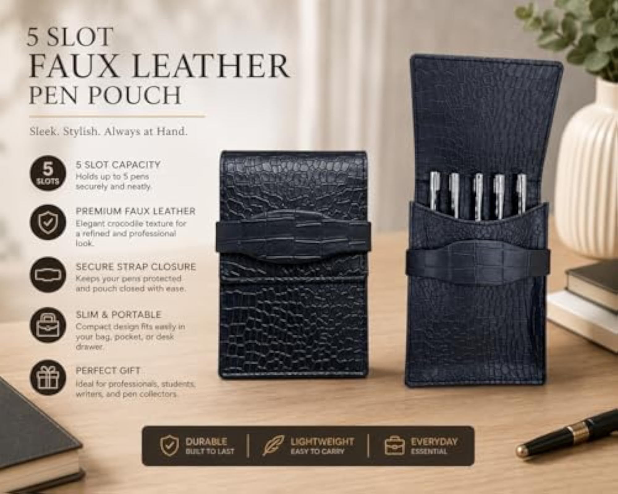 Premium 5 Slot Faux Leather Pen Pouch Organizer
