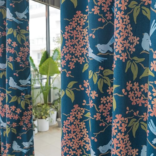 Image of Tranquebar Curtain Co. 100% Blackout Curtains, Complete Darkening Lining (Polyester), Navy Blue Floral & Bird Print, Cotton Blackout Curtains 5 Feet for Window, BackTabs, Veya (152 cm) - 1 Piece