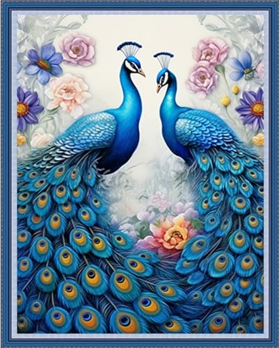 Image of Redxing Stamped Cross Stitch Kits Full Range of Embroidery Starter Kits- Needlepoint Counted Cross Stitch Kits for Beginner Adults 11CT Printed Embroidery Kit-Two Blue Peacocks 16x20 inch