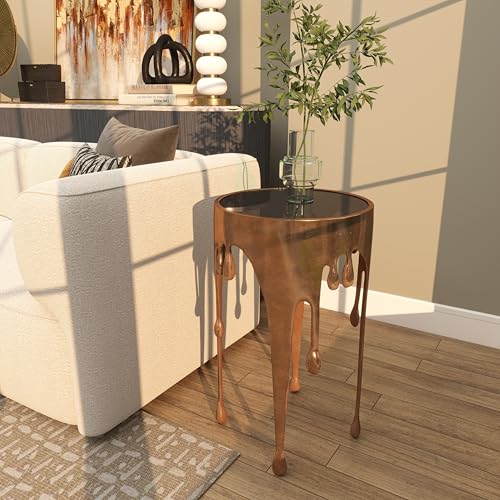 Image of deco 79 Aluminum Metal Abstract Accent Table, Table 16 inch x 16 inch x 25 inch, Copper | Accent table, drip end table with melting designed legs and black glass top, unique end table, living room decor
