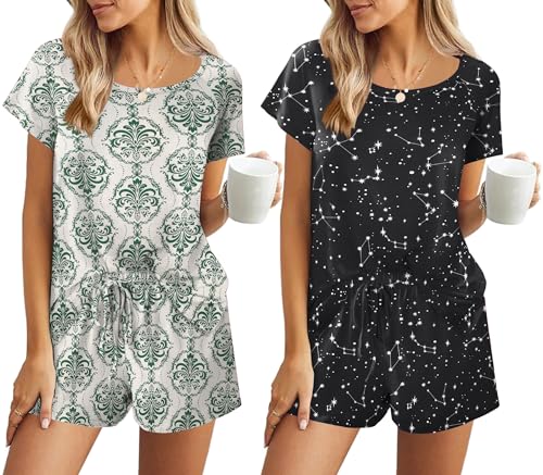 Image of Ekouaer 2 Pack Womens Pajama Sets Short Sleeve Sleepwear Soft Crew Neck Pj Shorts Set Printed Loungewear Set S-XXL