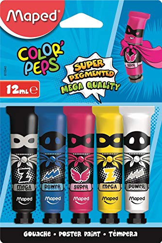 Maped - Peinture Gouache Enfant - 5 Couleurs Intenses Super Pigmentées - Facile à Ouvrir - Bouchon vissé - Couleurs Primaires - 5 Tubes de 12 ml