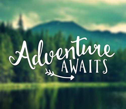 Maxx Graphixx Decal - Adventure Awaits Decal - Car Decal, Laptop Decal, MacBook Decal, Ipad Decal (4" x 9", White)