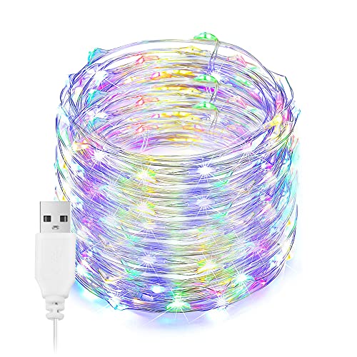 Guirlande lumineuse à LED, 100 LED guirlandes lumineuses colorées de 33 pieds, USB, guirlande lumineuse argentée intérieure/extérieure pour chambre,...