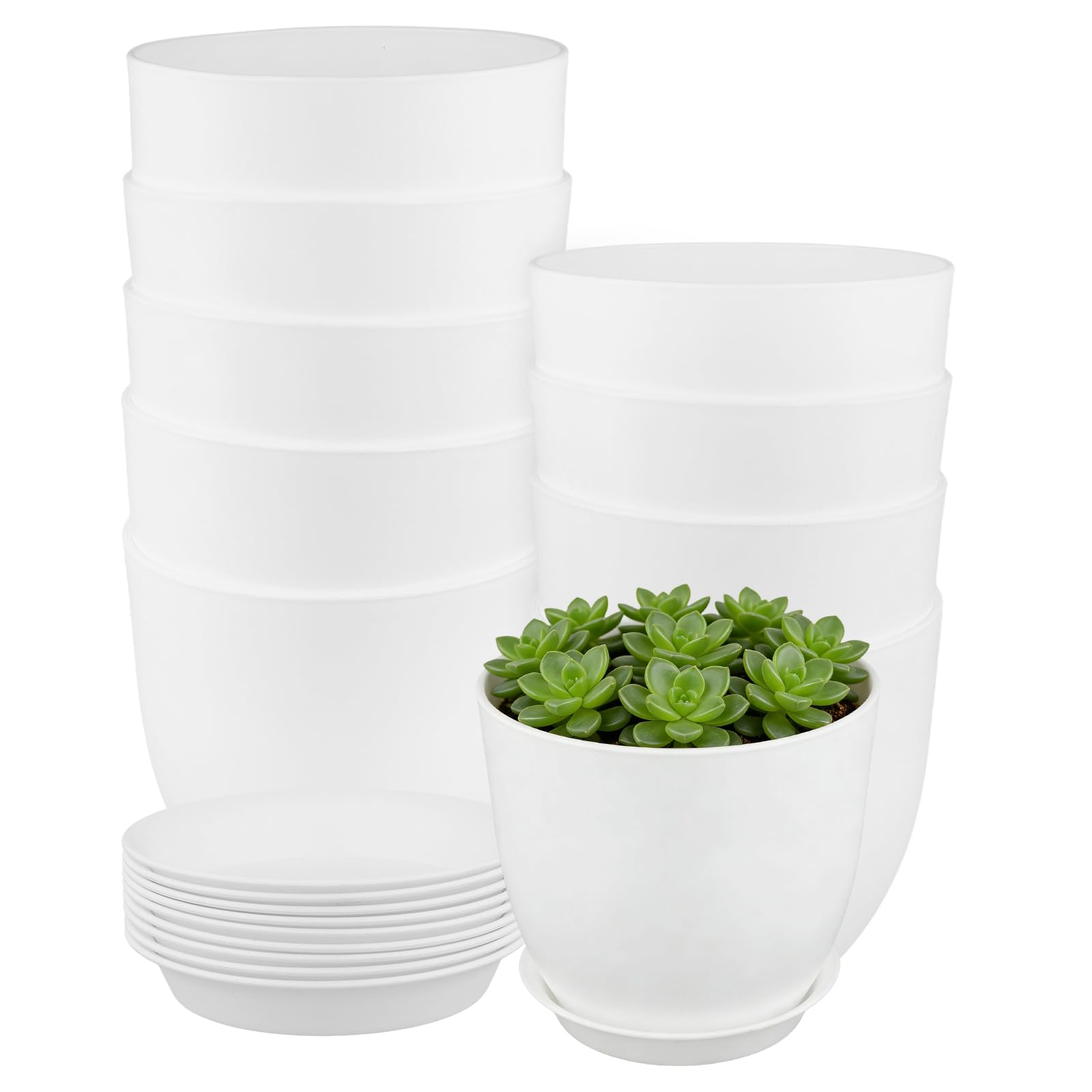 Lot de 10 pots de fleurs en plastique robuste de 16 cm avec trous de drainage et soucoupes pour plantes d'intérieur et plantes grasses Blanc 16 cm