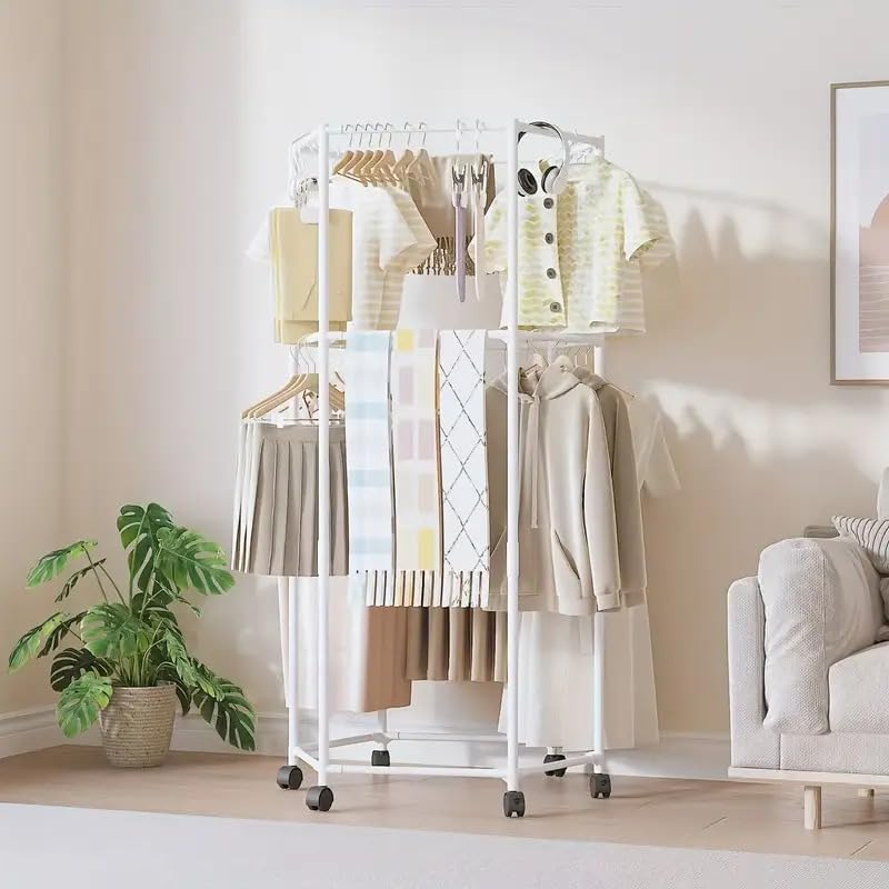 Image of Lukzer 360Rotating Hexagonal Clothes Drying Rack Double Layer Metal & Plastic Floor-Standing Coat Hanger with Wheels Freestanding Storage Organizer for Bedroom Balcony, Dorm, Living Room White CH-095