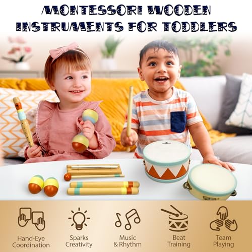 Image of MINIARTIS Toddler Musical Instruments - Montessori Wooden Musical Toys for Toddlers 1-3 | Modern Boho Baby Drum Set with Neutral Colors Percussion Instruments | Kids Preschool Educational