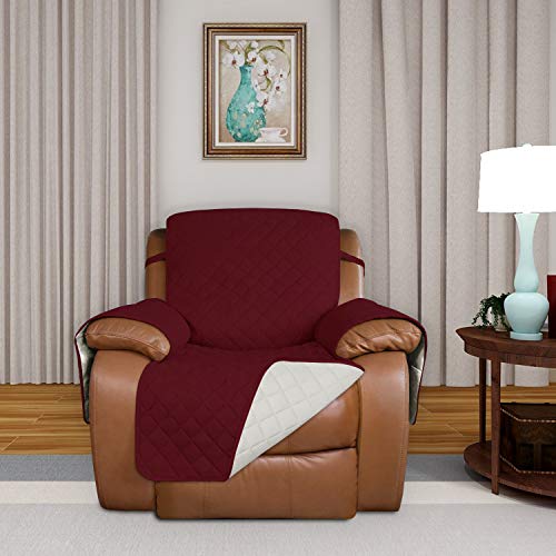 Image of PureFit Reversible Quilted Sofa Cover, Water Resistant Slipcover Furniture Protector, Washable Couch Cover with Non Slip and Elastic Straps for Kids, Dogs, Pets (Oversized Recliner, Red /Ivory)