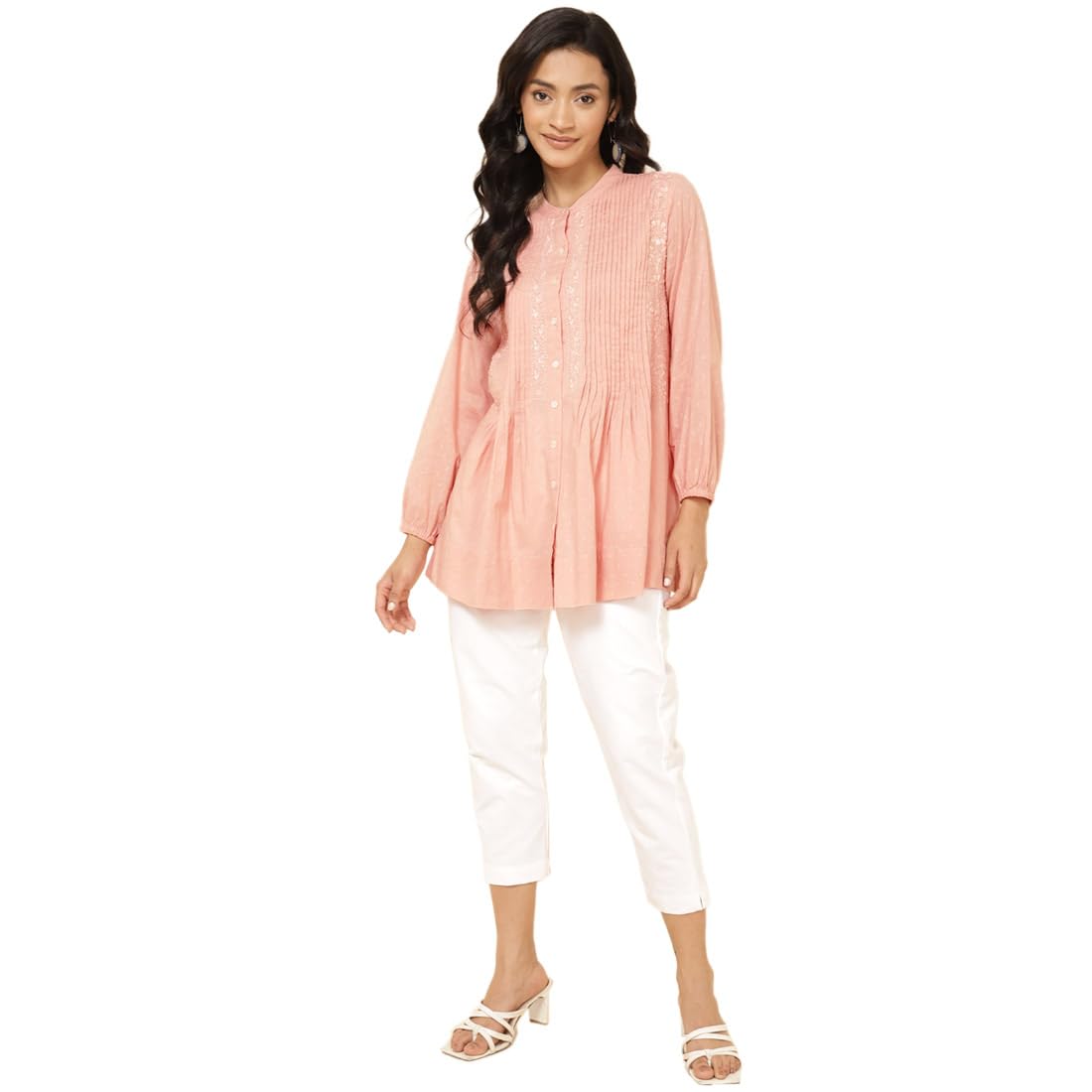 Fabindia Women's Embroidered Comfort Fit Tunic (2108839Peach_Peach