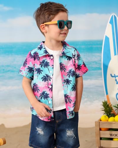 Coco&RARA Toddler Baby Boy Clothes Summer Beach Outfits Hawaiian Short Sleeve Button Down Shirts+Denim Shorts Casual Set 1-5T4