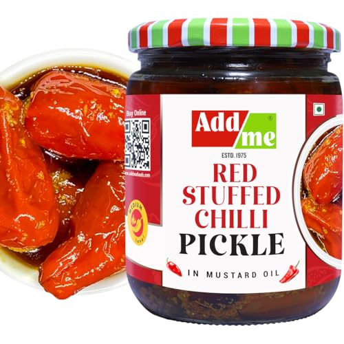Image of Add Me Red Stuffed Chilli Pickle 500gm Home made lal mirch mirchi ka Bharwa indian achar Pickles in Mustard Oil Glass Pack