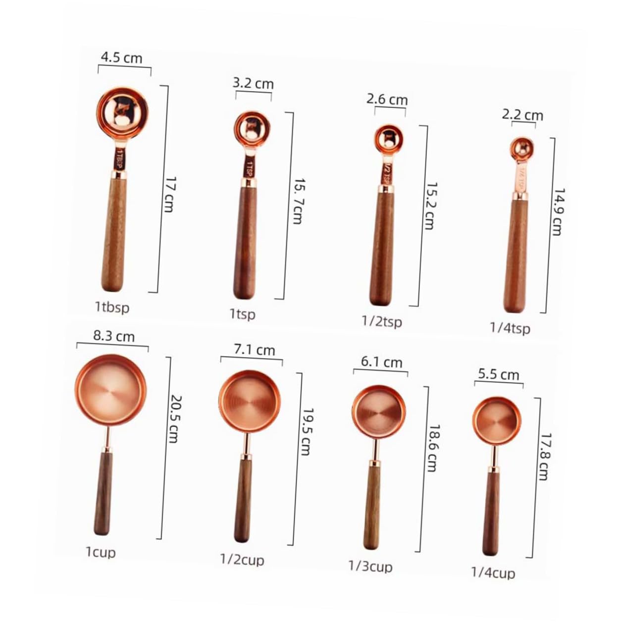 Cabilock 8 Stück Messlöffel aus Edelstahl mit Holzgriff Multifunktionales Backzubehör Doppelter Skala Einfach zu Bedienen für Küche und Backen