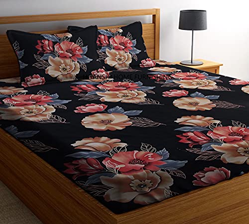 Image of King Size Bedsheet Cotton for Double Bed | Flat - 90x100 Inch, Floral, Soft & Breathable, Fade & Shrink Resistant, 2 Pillow Covers (Jet Black)