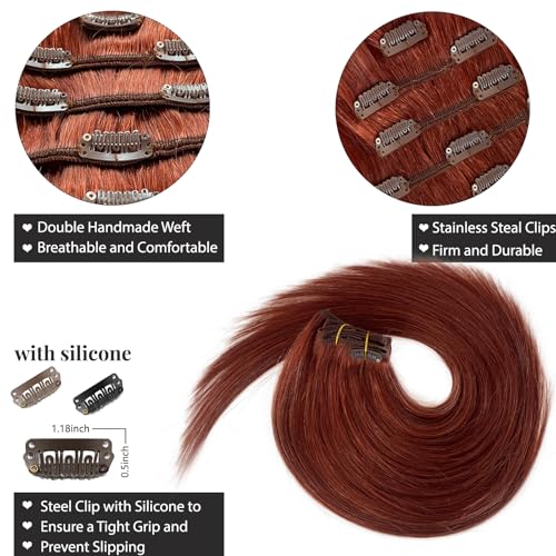 Image of Belaved Clip in Hair Extensions 20 Inch 5PCS 70g Auburn in Real Human Hair Extensions Seamless Invisible Straight for Women Red #135