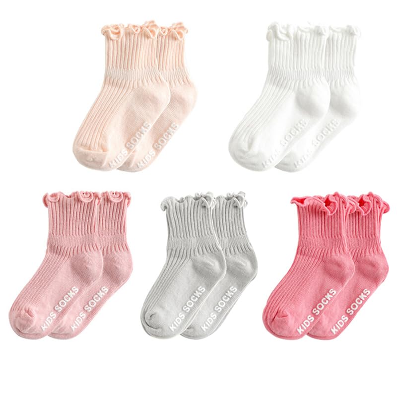 Baby Girls Ruffle Socks 5-Pack,Machine Washable Non-Slip Soft Cotton,Anti-Pilling Lettuce Edge,Sizes 1-6 Years